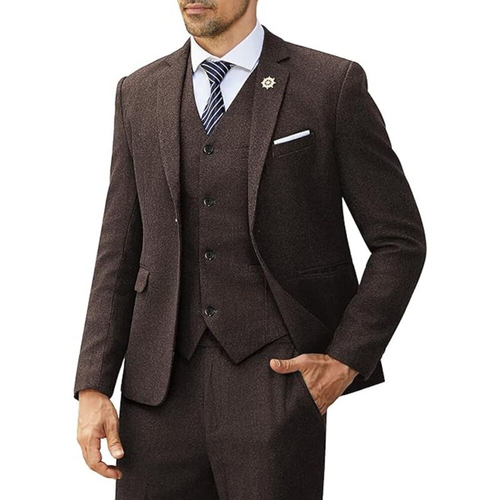 Retro Tweed Men’s 3 Piece Suit One Button Slim Fit Tuxedos Set-Brown-XL-NEW